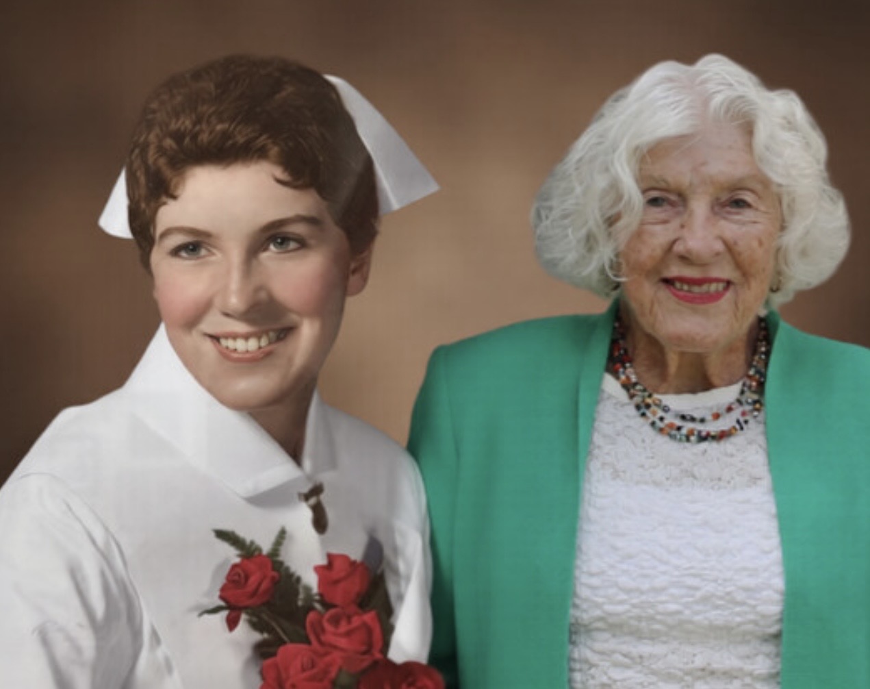 Erla Mottram pictured as a nurse graduate and then in 2025